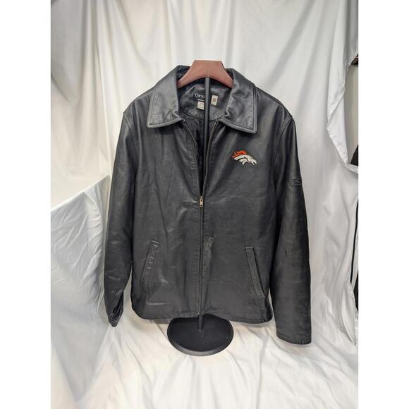 Black NFL Denver Broncos Reebok Leather Jacket Size MEDIUM - Damaged Please Read - Picture 1 of 12
